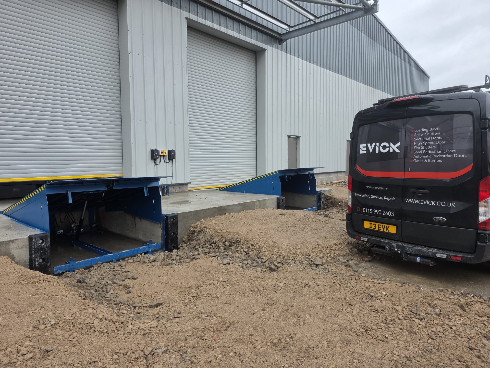Swing-lip dock levellers installed at a new industrial building