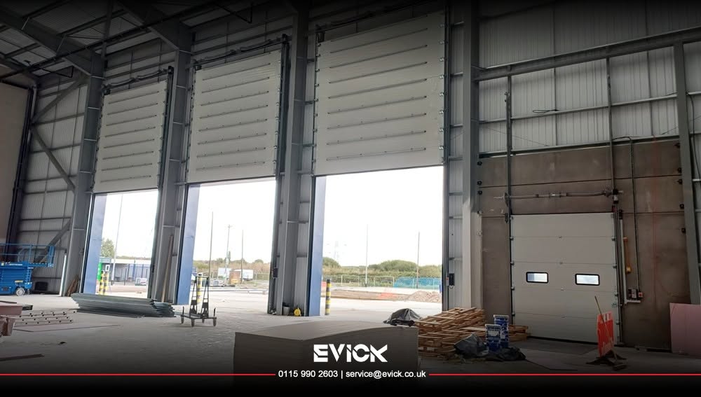 High-lift sectional doors installed on a new industrial building