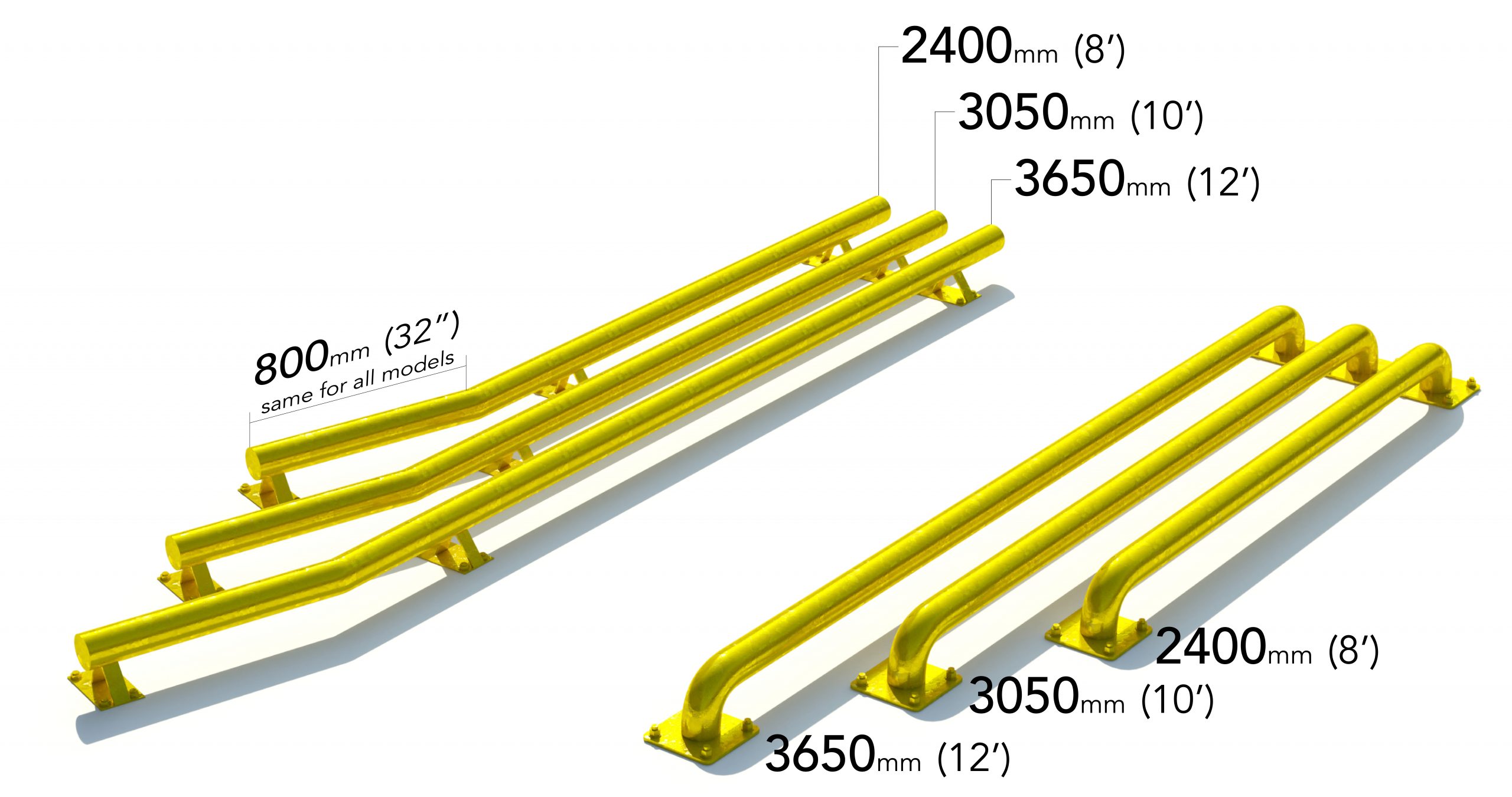 Illustration comparing straight and bent wheel guides in several lengths